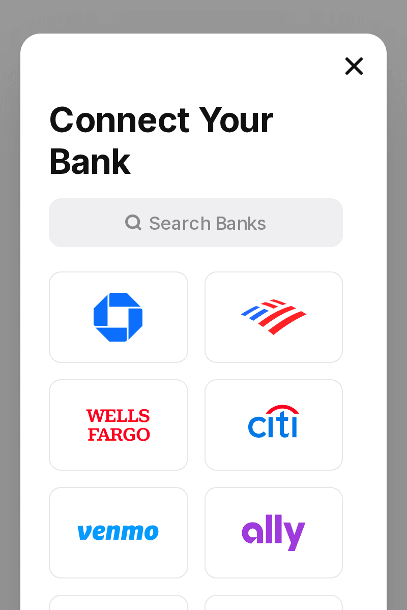 The secure bank-connection screen your clients see